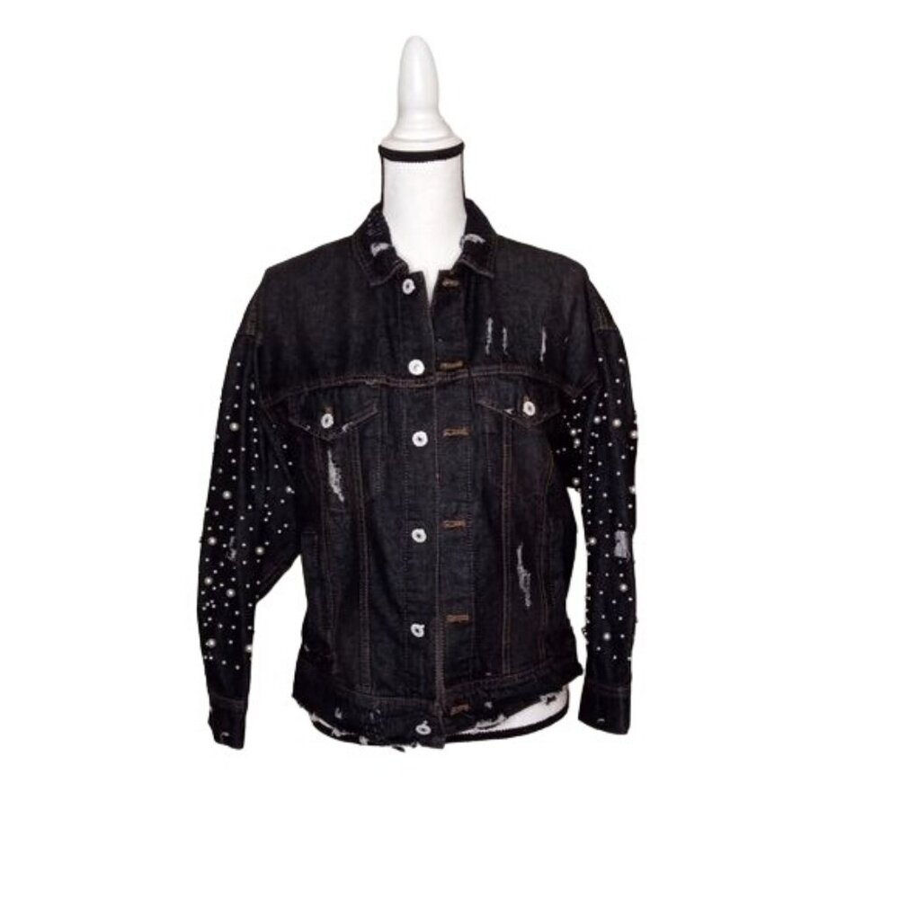 NWT Elan Distressed Denim w/ Pearl & Silver Beaded Black Jean Jacket M/L